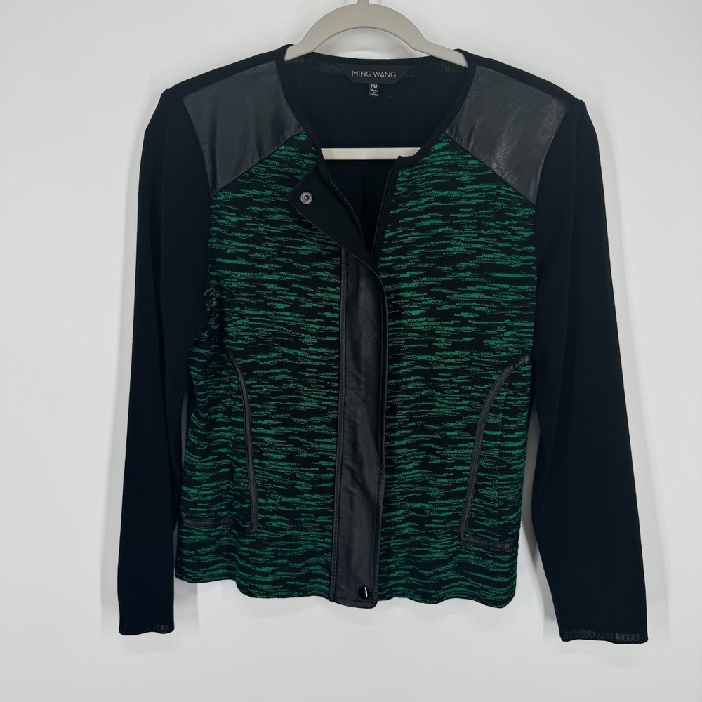 Ming Wang green Black Cardigan  Faux Leather sz pm jacket zip blazer